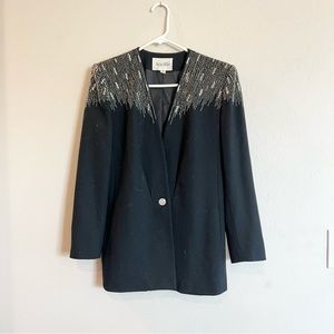 Vintage Black Rhinestone Beaded Strong Shoulder Femme Fatale One Button